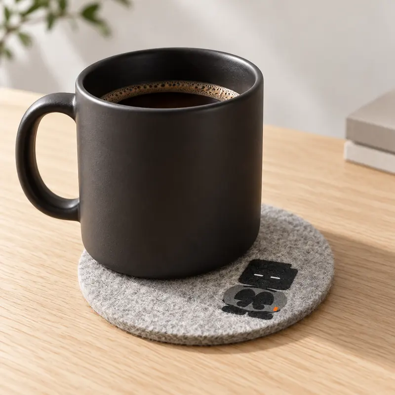 キャラクターのマークがあるフェルトのコースター。上に黒いマグカップ。
